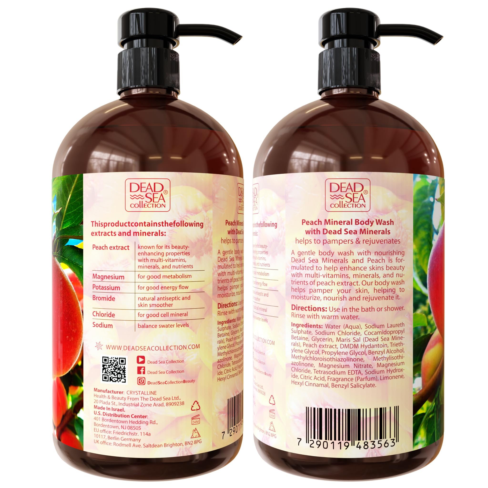 Dead Sea Collection Peach Body Wash for Women and Men - with Pure Dead Sea Minerals and Peach Extract - Cleanses and Moisturizes Skin - Pack of 2 (67.6 fl. oz)