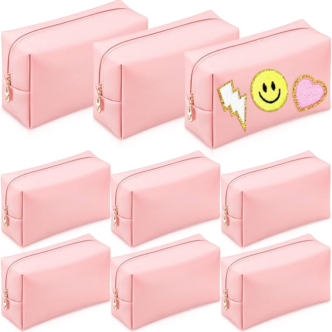 Sanwuta 9 Pcs Makeup Bags Bulk Bridesmaid Proposal Gifts Cosmetic Bags Preppy PU Leather Double Zipper Toiletry Pouch Portable Travel Organizer Case for Women Bachelorette Gift(Pink)