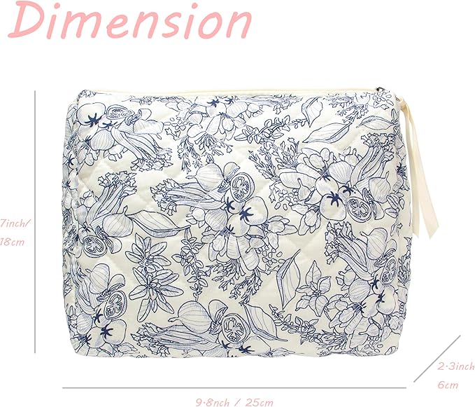 PAZIMIIK Quilted Makeup Bag for Women(Blue,1 Piece Pouch)
