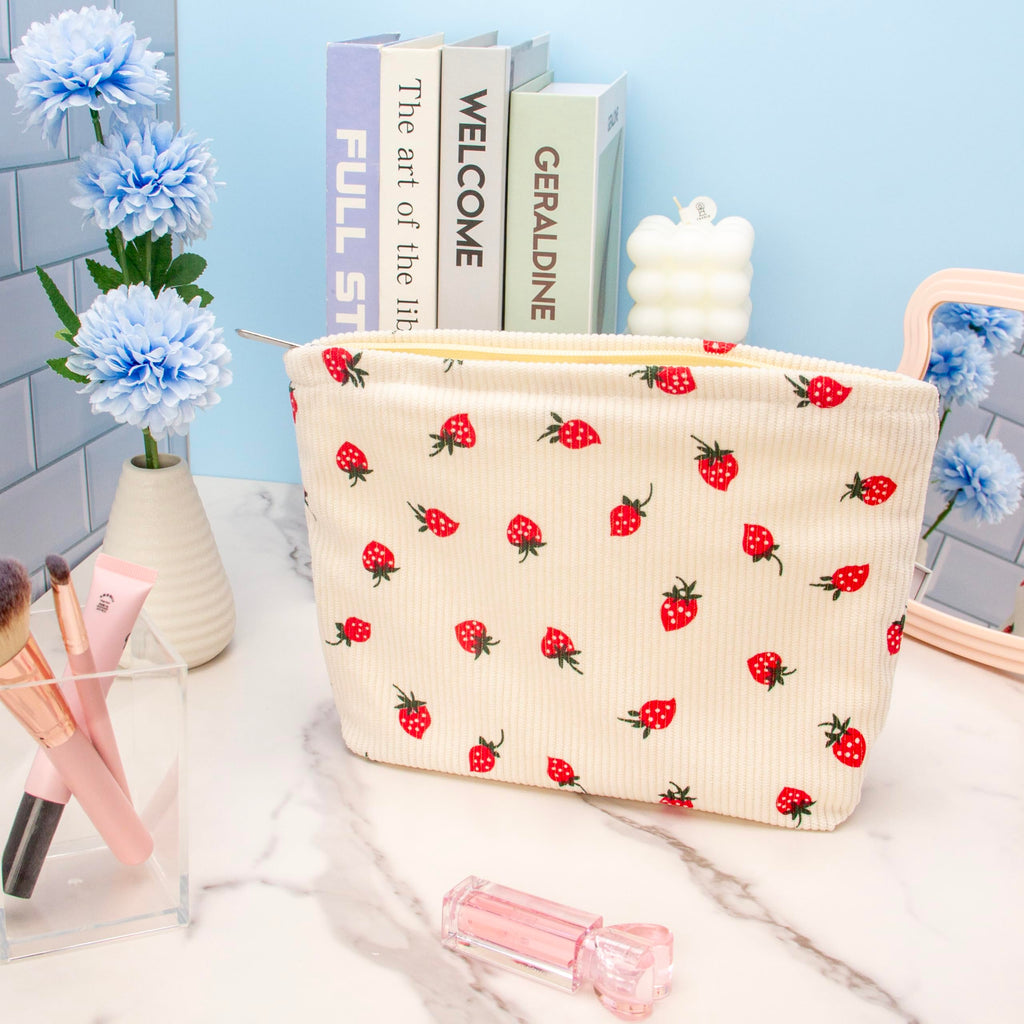 Flat Makeup Bag for Women,Zipper Cosmetic Pouch for Purse,Strawberry Beige