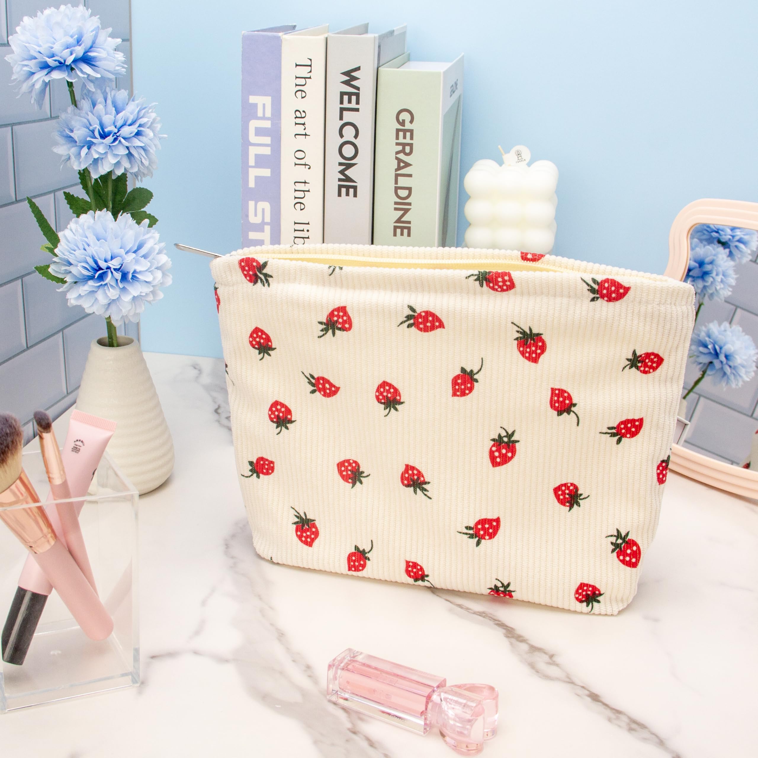 Flat Makeup Bag for Women,Zipper Cosmetic Pouch for Purse,Strawberry Beige