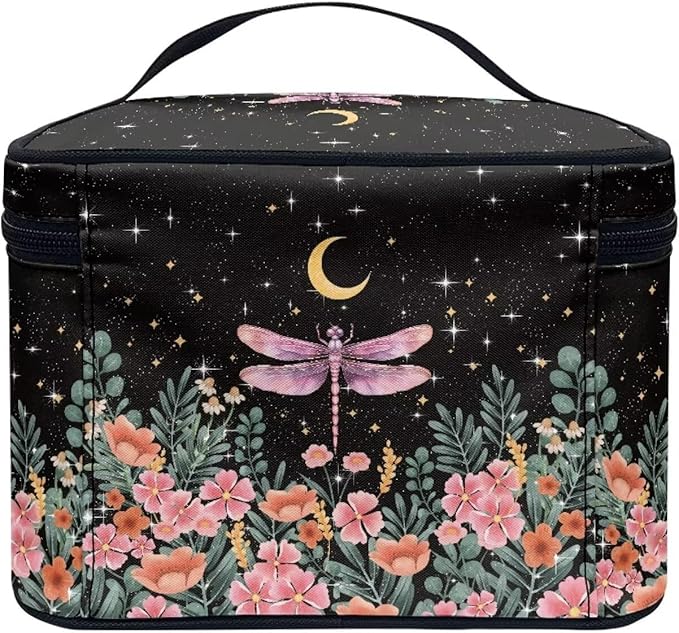 Drydeepin Dragonfly Floral Moon Pattern Makeup Bag Travel Cosmetic Bag with Zipper and Handle Portable Large Capacity Toiletry Case for Women Ladies Travel Accessories