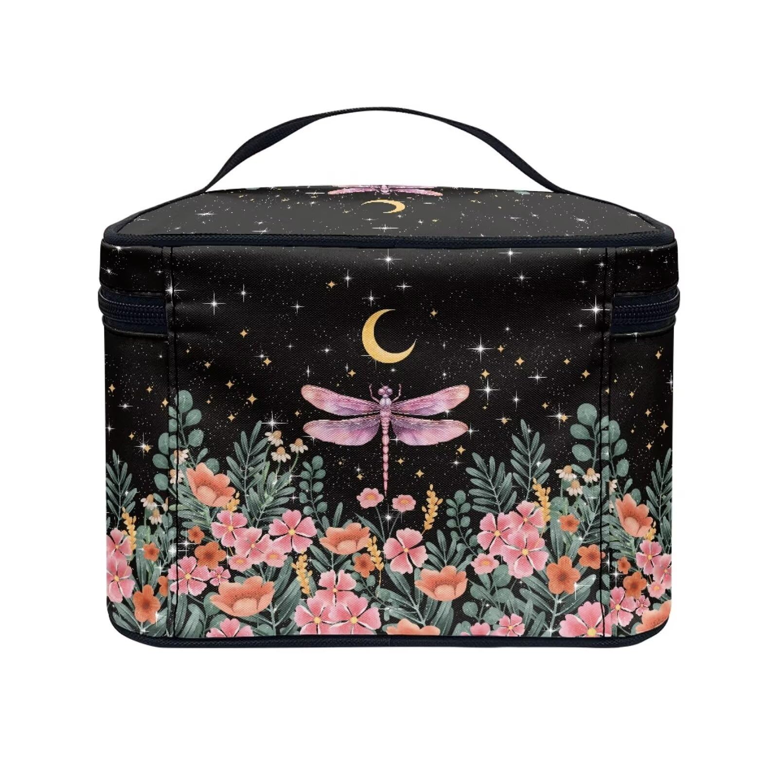 Drydeepin Dragonfly Floral Moon Pattern Makeup Bag Travel Cosmetic Bag with Zipper and Handle Portable Large Capacity Toiletry Case for Women Ladies Travel Accessories