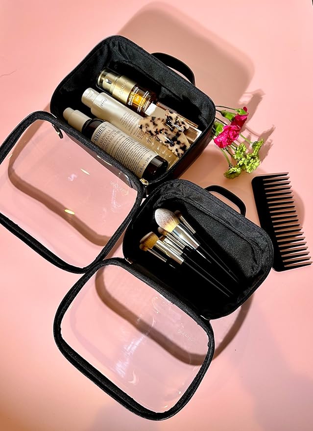 Clear Makeup Bag Set, Travel Cosmetic Bags with Transparent TPU Front, 3PCS (Large & Small Pouches + Compact Mirror), Saffiano PU Leather Toiletry Organizer for Women, Black