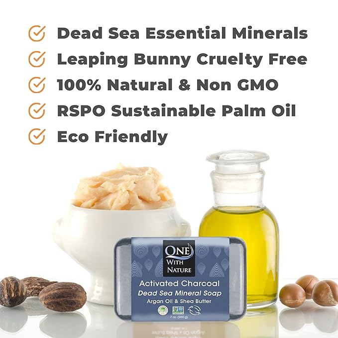 One With Nature Activated Charcoal Soap 4oz 3-Pack – Detoxifying and Exfoliating Charcoal Soap Bar with Dead Sea Salt for Face & Body, for Men & Women