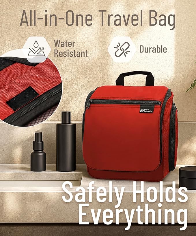DD D&D Wanderlust D&D Hanging Travel Toiletry Bag for Men and Women – Cosmetics, Makeup and Toiletries Organizer Kit with 10 Compartments, Red, Medium