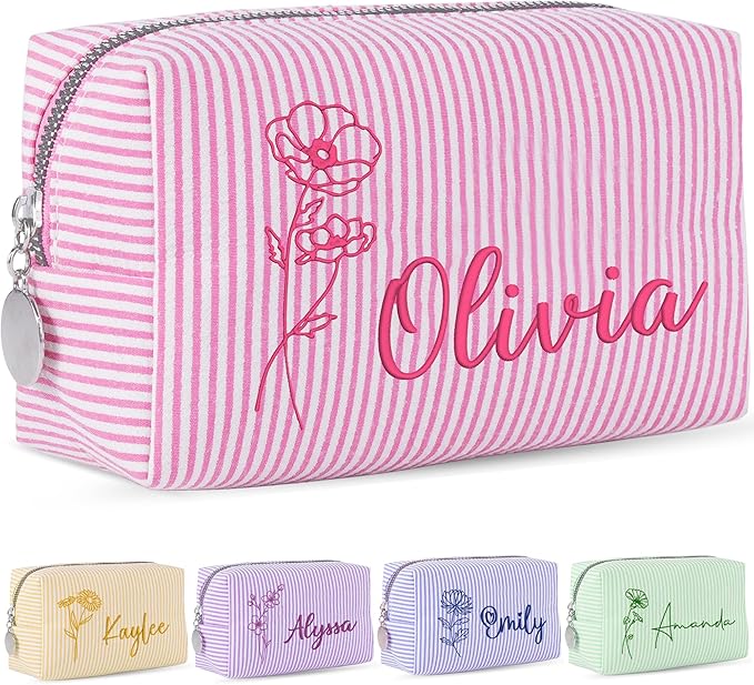 Yofair Personalized Makeup Bag with Name, Bridesmaid Gifts Large Capacity Travel Toiletry Case Custom Seersucker Cosmetic Bags Wedding Birthday Gifts for Girls Women