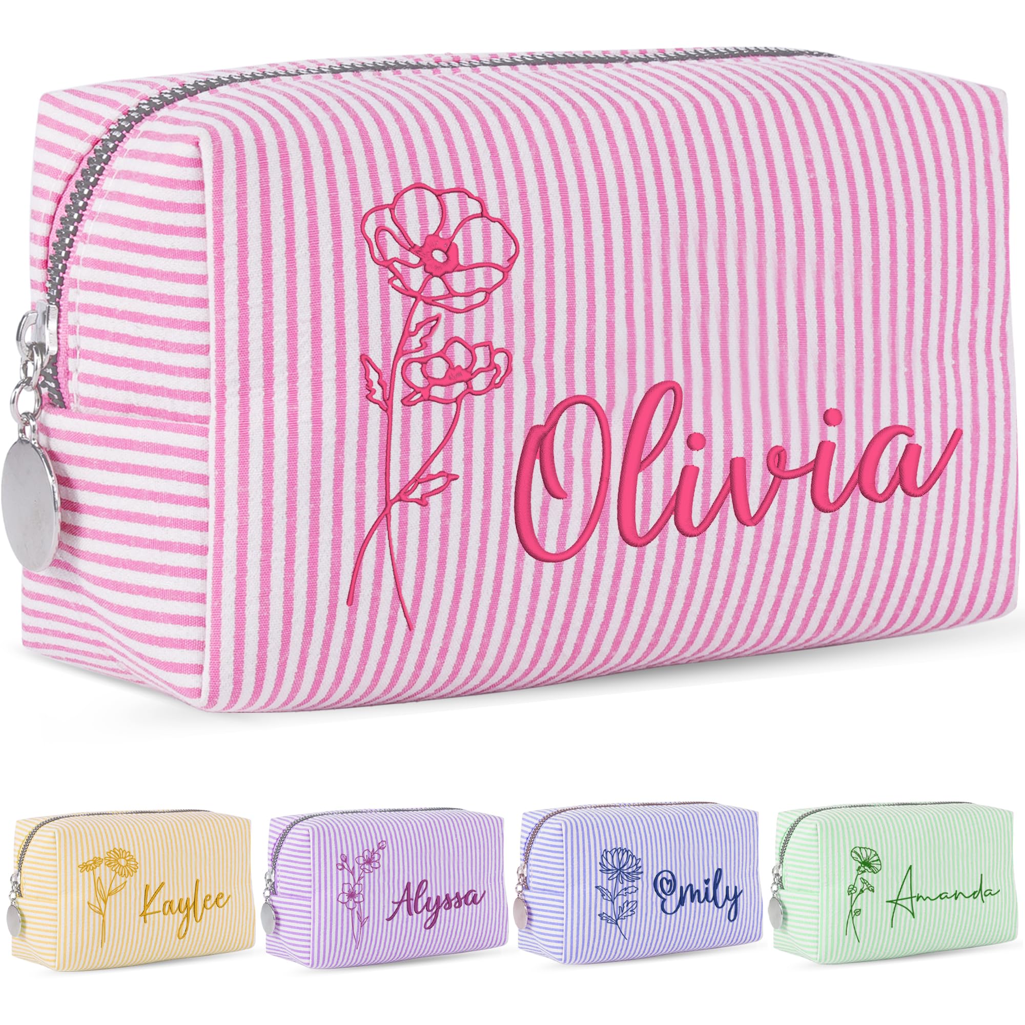 Yofair Personalized Makeup Bag with Name, Bridesmaid Gifts Large Capacity Travel Toiletry Case Custom Seersucker Cosmetic Bags Wedding Birthday Gifts for Girls Women