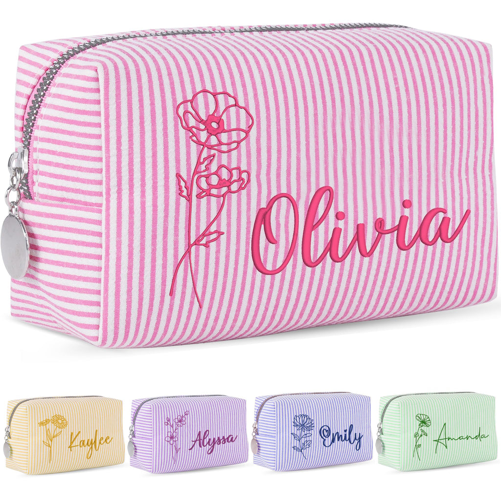 Yofair Personalized Makeup Bag with Name, Bridesmaid Gifts Large Capacity Travel Toiletry Case Custom Seersucker Cosmetic Bags Wedding Birthday Gifts for Girls Women