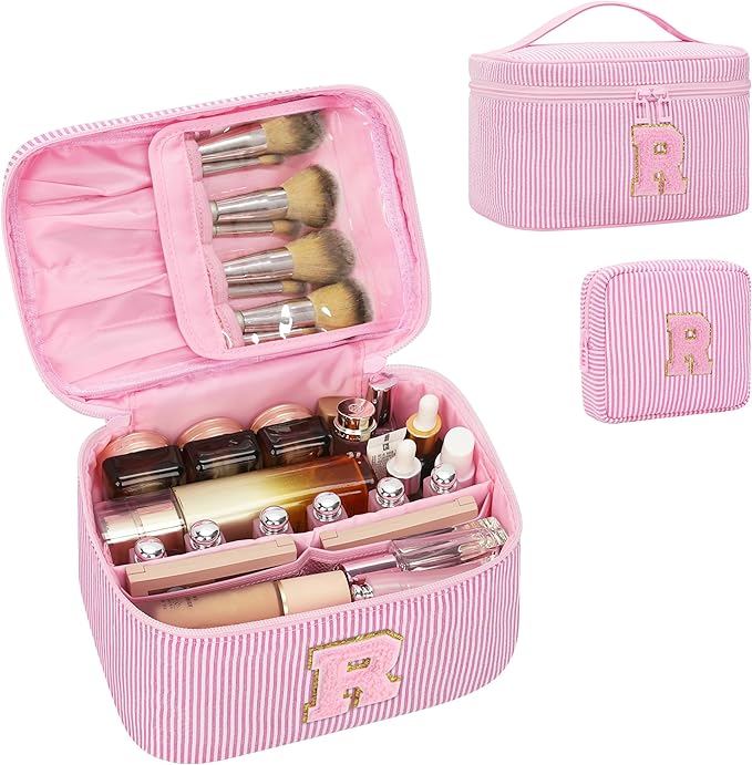 MONSTINA Initial Makeup Bag - Personalized Monogram Cute Makeup Bags,Make Up Case for Women Her Best Friend Friendship Sister Teacher,Birthday Gifts for Women,Girls Makeup Toiletry Bag Pouch,Pink R