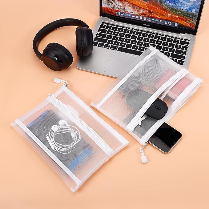 Sinzip 12 Pieces Zipper Nylon Mesh Pouch, Mesh Cosmetic Bags Makeup Bags Pencil Case, Multipurpose Travel Bags for Cosmetic School Office Supplies and Travel Accessories (2 Layers-White, A5)