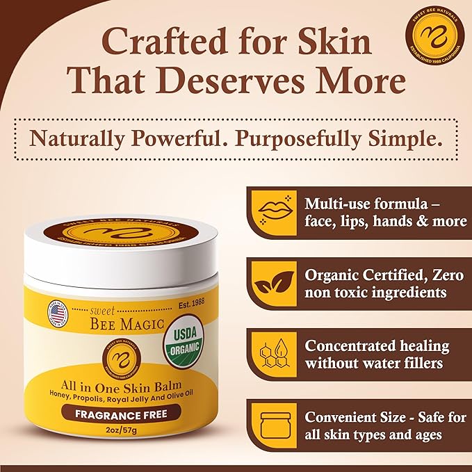 Sweet Bee Magic Organic Honey Bee Balm for Face, Skin & Body - All in One Honey Balm - Beeswax Body Moisturizer - All Natural Aid - 1 jar (2oz)