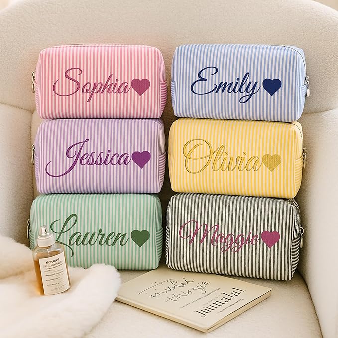 Ajiangwu Personalized Makeup Bag with Embroidered Name&Birth Flower for Bridesmaid Gifts,Custom Small Travel Cosmetic Bag Toiletry Bag Wedding Gifts for Bride