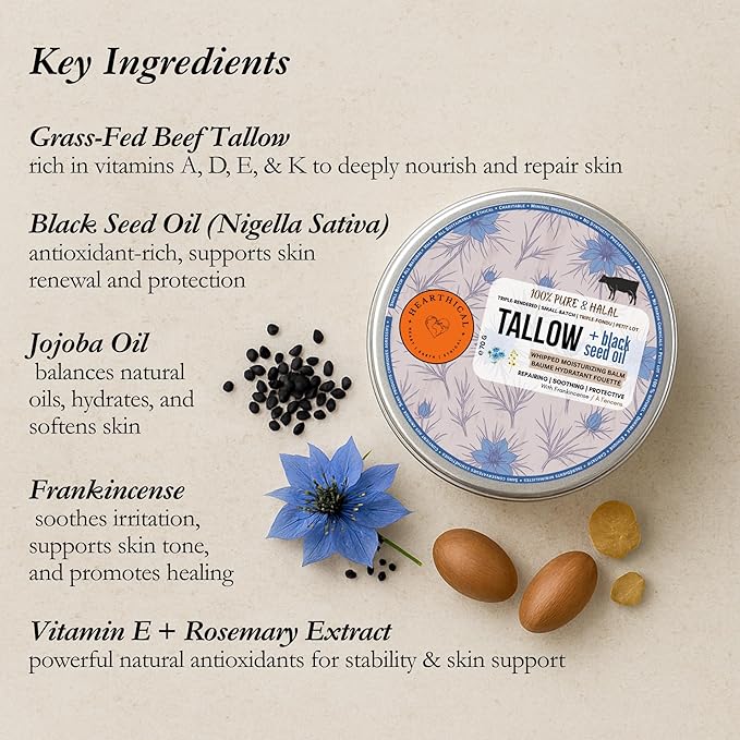 Hearthical Halal Grass Fed Beef Tallow For Skin – 70g Organic Beef Tallow Moisturizer – Beef Tallow Face Moisturizer & Beef Tallow Face Cream – Pure Beef Tallow Balm with Black Seed and Jojoba