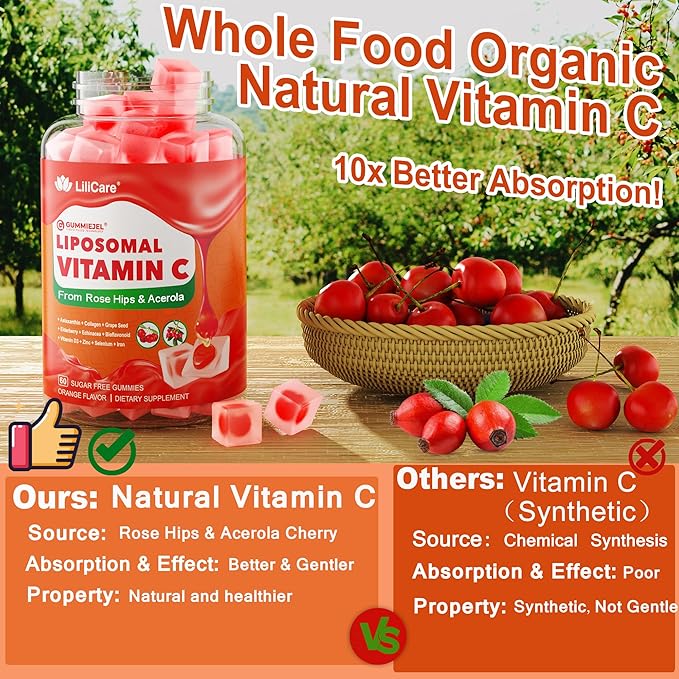 Natural Liposomal Vitamin C 1000mg Gummies for Adults & Kids 9+, Chewable Vitamin C w/ 11mg Zinc, D3, Elderberry, Echinacea,, Bioflavonoid, Immune Support, Whole Food VIT C from Fruits, Sugar Free