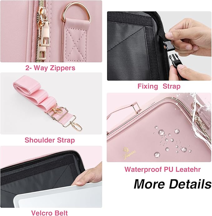 Faquenc Large Makeup Bag with LED Mirror,15”Cosmetic Train Case for Makeup Artists,Travel Makeup Organizer Case w Divider Rechargeable Vanity Mirror with 3 Color Lights for Barber,MUA,Nail Tech, Pink