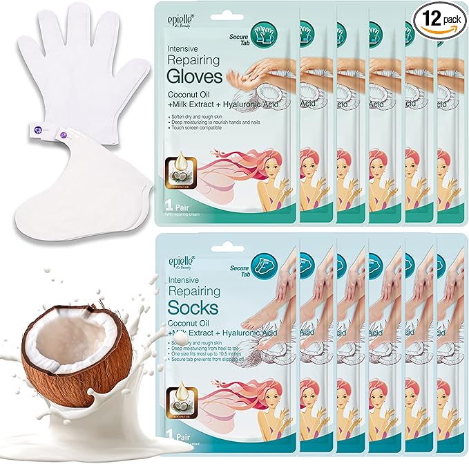 Epielle Intensive Repairing Hand & Foot Masks, Restore and Moisturize Dry, Cracked Skin, Self Care Gifts for Women, Spa Kit, 6 Moisturizing Gloves & 6 Moisturizing Socks