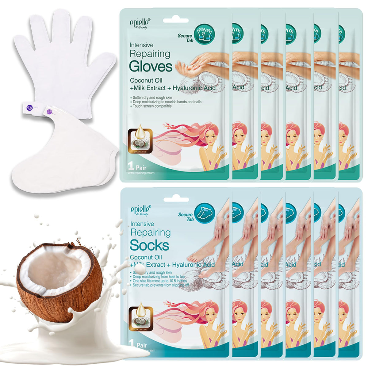 Epielle Intensive Repairing Foot Mask 6 Pairs, Soften with Coconut Oil & Milk Extract, Deep Moisturizing Socks for Dry, Cracked Feet, Self Care Gifts for Women, Spa Kit
