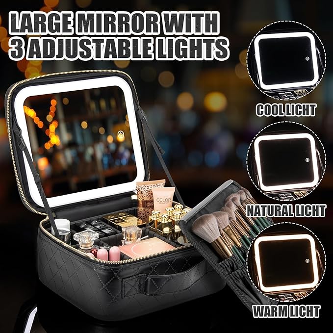 Extrei Gent Makeup Travel Train Case with Mirror LED Light 3 Adjustable Brightness Cosmetic Bag Portable Storage Adjustable Partition Waterproof Makeup Brushes Makeup Jewelry Gift for Women (Black-1)