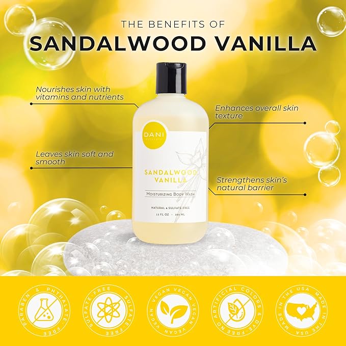 DANI Naturals Sandalwood Vanilla Body Wash, Sulfate-Free and Vegan,12 fl oz