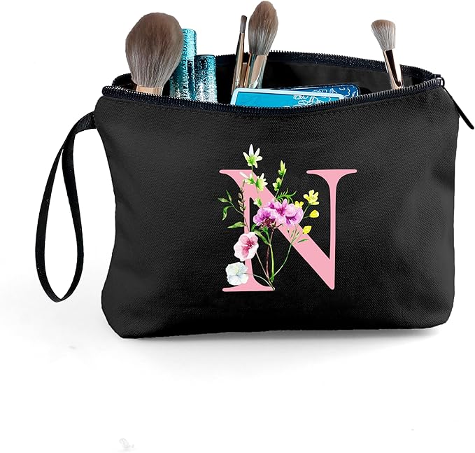 SEAMOON A-Z Personalized Gifts for Women, Small Makeup Bag with Mirror, N