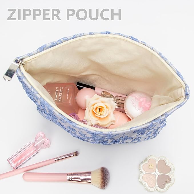 Flat Makeup Bag for Women,Zipper Cosmetic Pouch for Purse,Brocade Silver