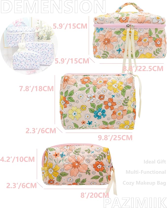 3 Piece Quilted Makeup Bag Set for Women,Cosmetic&Toiletry,Floral Orange