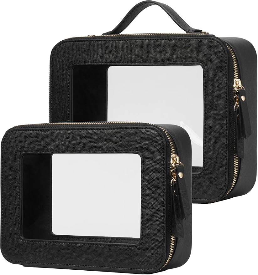 Popvibe Clear Toiletry Bag 2 Pack, Travel Makeup Bag Medium and Large Black