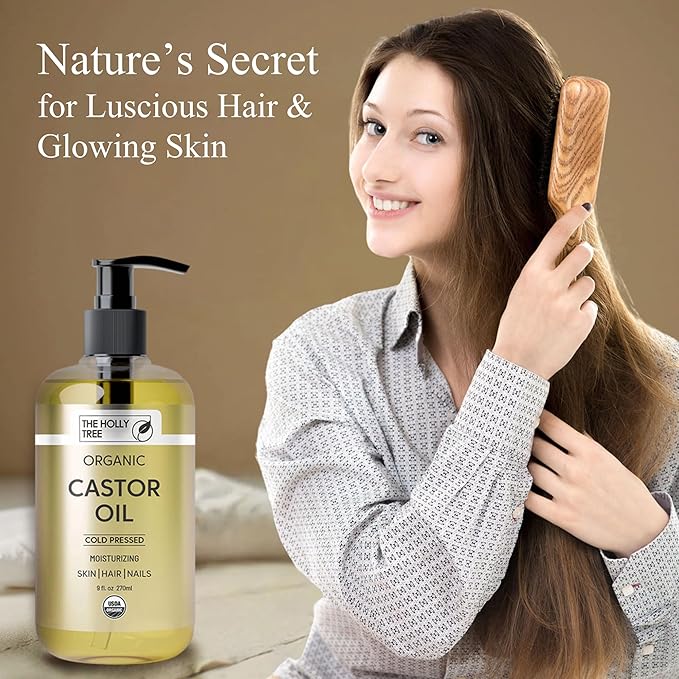 THE HOLLY TREE Organic Castor Oil - Cold Pressed 9 fl oz - 100% Pure & Hexane Free - Castor Oil for Hair Growth - Moisturizing & Nourishing - for Face & Body