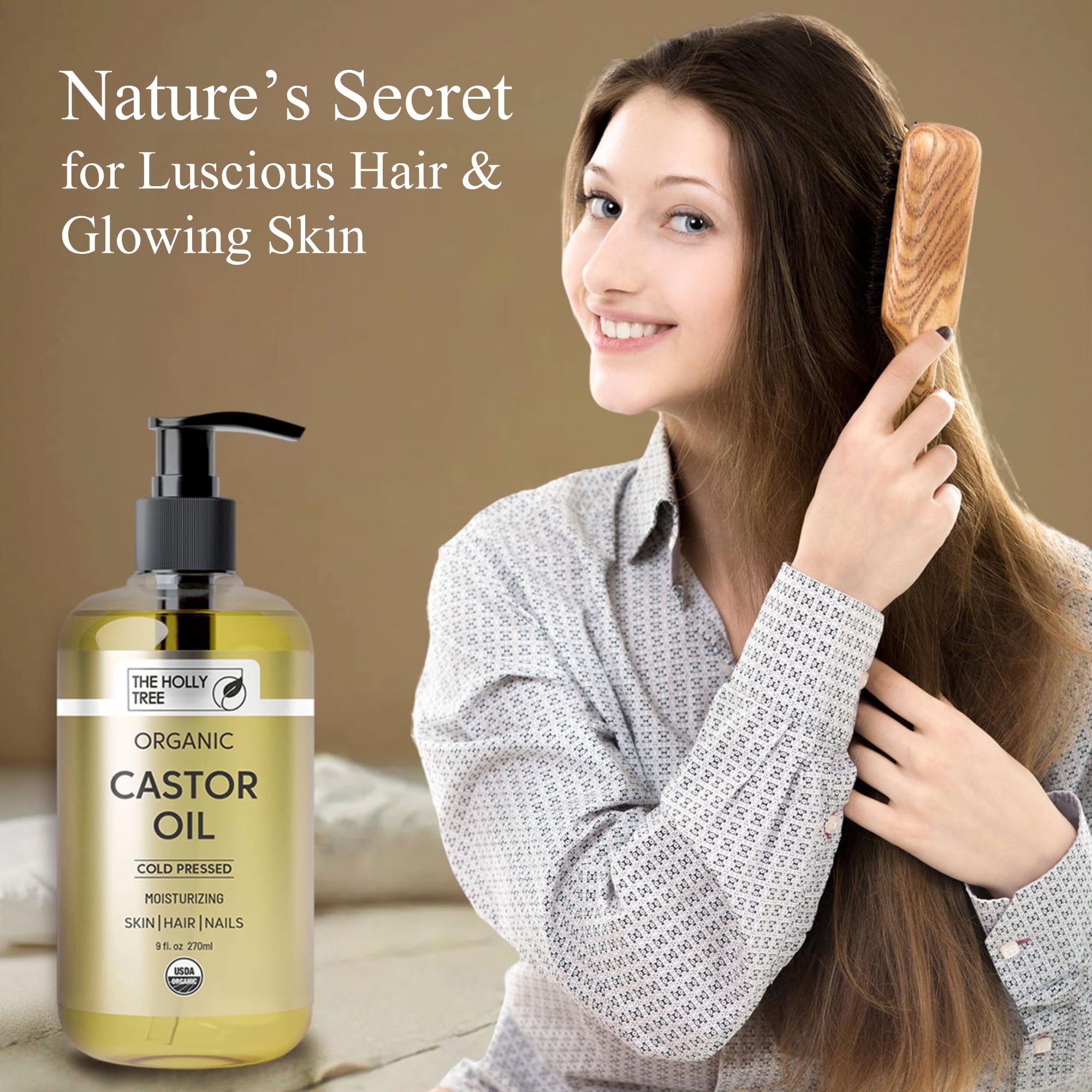 THE HOLLY TREE Organic Castor Oil - Cold Pressed 9 fl oz - 100% Pure & Hexane Free - Castor Oil for Hair Growth - Moisturizing & Nourishing - for Face & Body