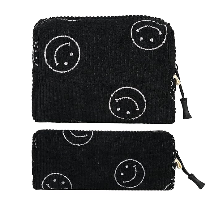 ZOEMTIU Small Cosmetic Bag set for Women Corduroy Makeup Bag with Interior Pocketes Cute Corduroy Makeup Pouches Women Small Toiletry Bag (Black Smile)