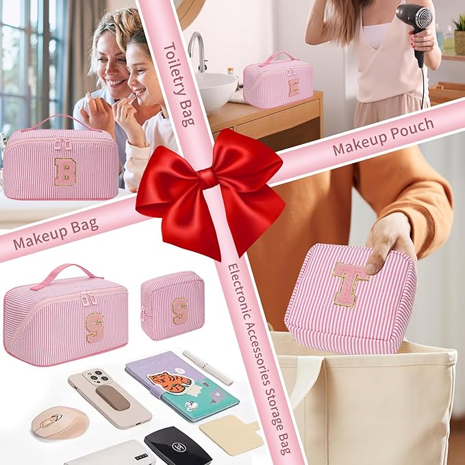 Travel Makeup Bag for Women, 2Pcs Portable Personalized Initial Makeup Organizer Bag, Open Flat Large Cosmetic Bag With Travel Essential Pouch (Pink Letter Y)