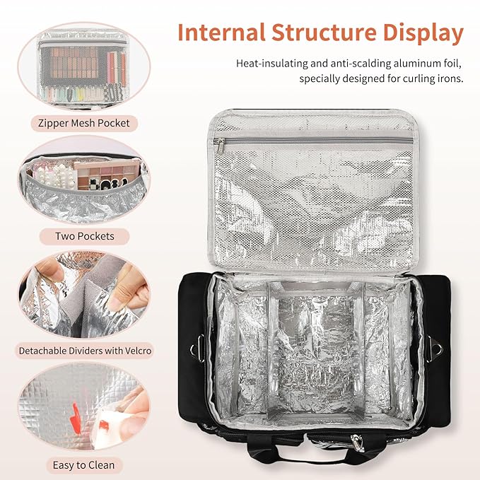 onemoky Large Hairstylist Traveling Bag, Hair Tool Organizer with Removeable Dividers, Hairdresser Hair Tools Travel Bag with Multi Pockets, Professional Makeup Artist Bag with Shoulder Strap