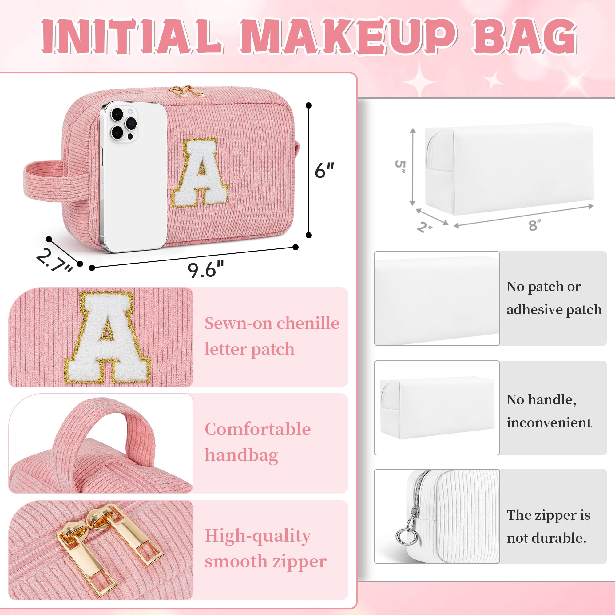 WELIDAY Initial Makeup Bag, Birthday Gift Preppy Chenille Patch Cosmetic Bag, Initial Travel Essentials Beach Toiletry Pouch, Ideal Gift for Teachers & Moms, Women and Girls (Blush Pink, A)