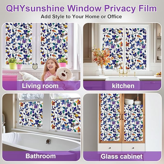 QHYsunshine Window Privacy Film Stained Glass Window Film Frosted Window Film Window clings Non-Adhesive Reusable Decorative for Home Removable (Purple Frosted, 23.6 X 78.7 in)