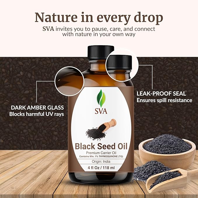 SVA Black Seed Oil - 4 Fl Oz - for Face, Skin Care, Hair Care, Scalp Massage & Body Massage – Carrier Oil with Dropper