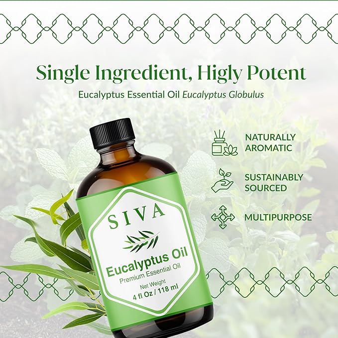 Siva Eucalyptus Essential Oil 4 Fl Oz – for Diffuser, Skin & Hair Care – Ideal for Aroma, Massage & DIY Blends- with Dropper