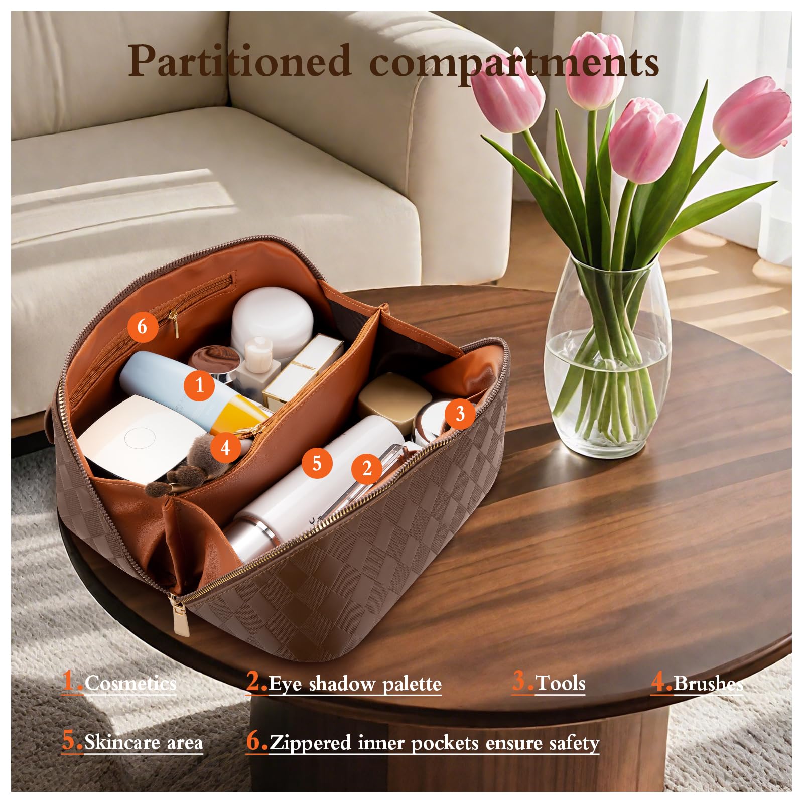 Abiudeng Travel Makeup Bag Large Capacity for Travel Essentials Open Flat Makeup bag Organizer with Divider and Handle-Rhombus Brown