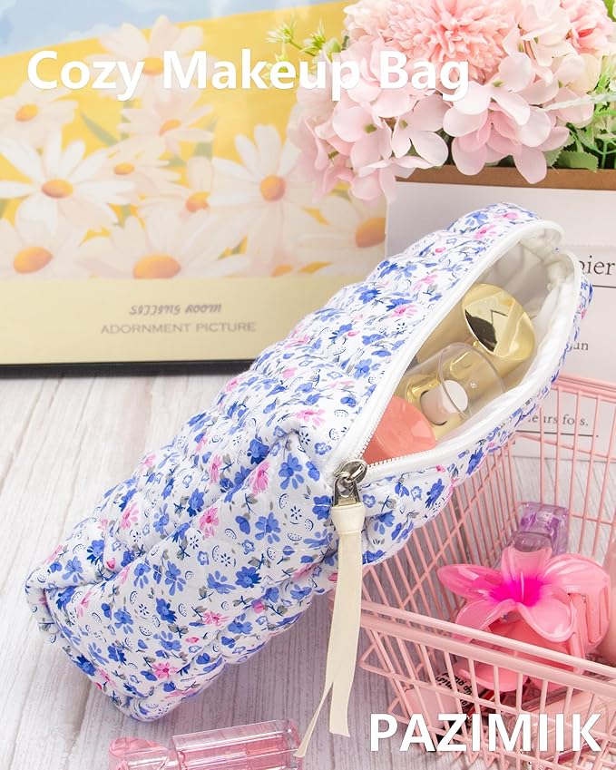 3 Piece Quilted Makeup Bag Set for Women,Cosmetic&Toiletry Bag,Floral Blue