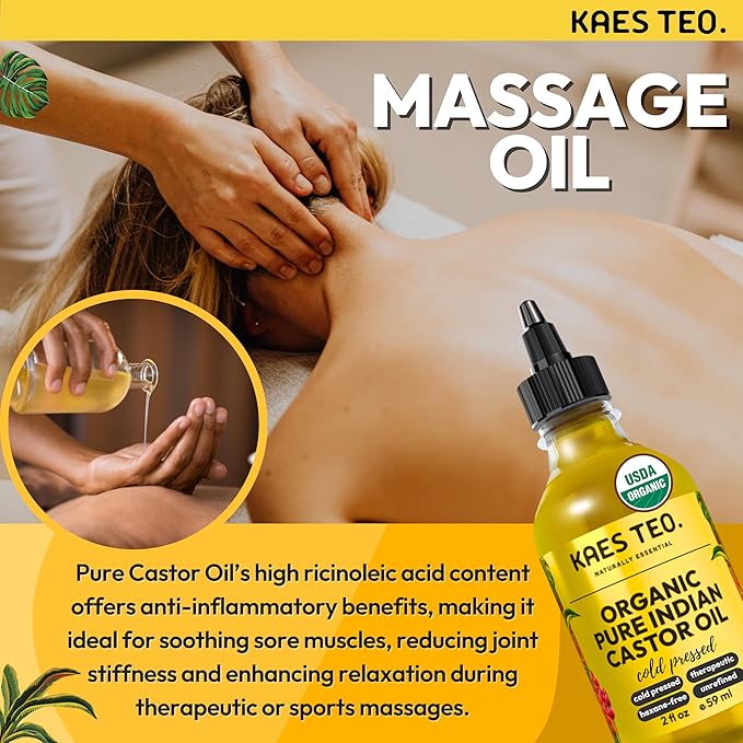 Kaes Teo Organic Castor Oil 100% Pure Cold Pressed 2 Fl Oz Extra Virgin Unrefined Hexane Free - USDA Certified Organic, Golden Castor oil for Face, Skin, Hair, Eyebrows - Boost Hair Growth