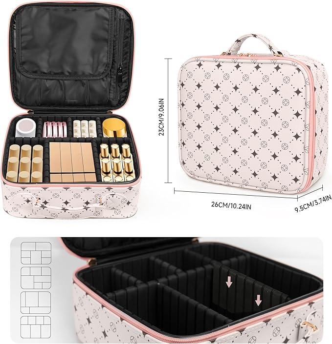 M Y U R E N Travel Makeup Bag,Waterproof Cosmetic Organizer, Adjustable Dividers,Portability Cosmetic Train Case,Makeup organizer,Gift for Women,Girls Gift (Beige+Pink)