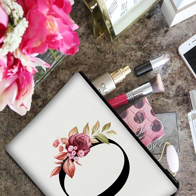 Vavabox A-Z Personalized Makeup Bag, Birthday Gifts for Women Mom, Gifts for Best Friend, Bride Bridesmaid Cosmetic bag (O, 01-White)