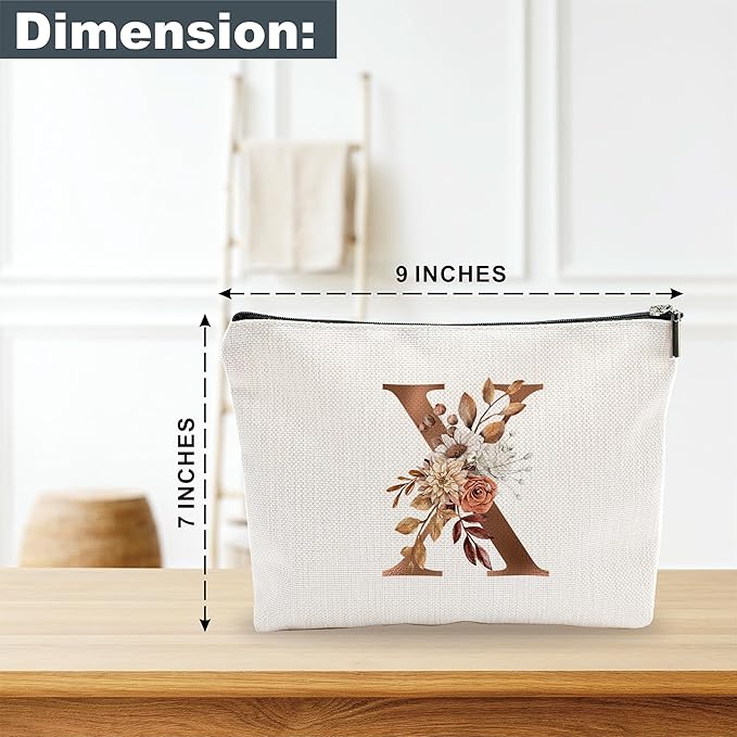 A-Z Boho Personalized Cosmetic Bag-Floral Cotton Letter Makeup Bag With Zipper-Artistic Cosmetic Bag For Travel-Bride,Birthday Gift For Women Daughter Friends-Women Makeup Organizer-A24