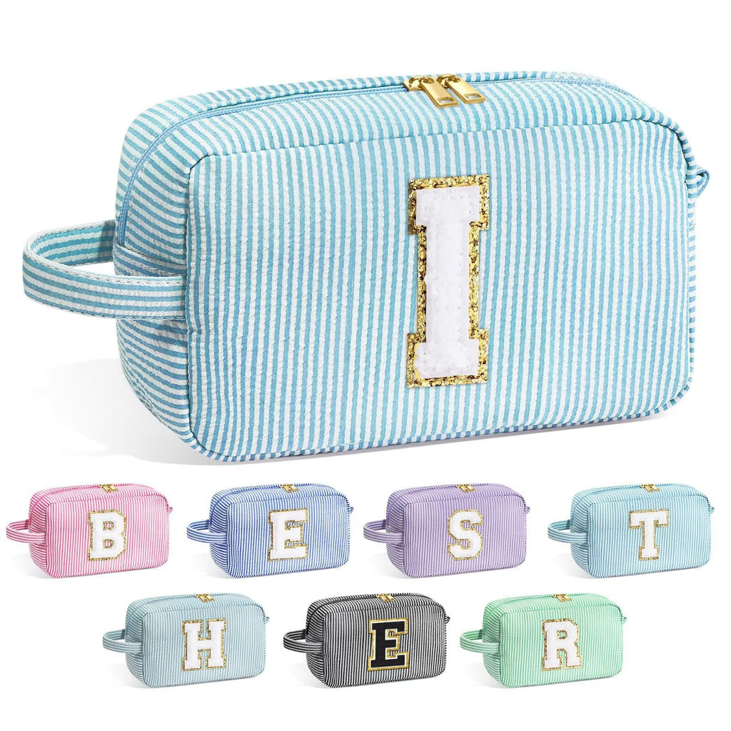 YOOLIFE Initial Cosmetic Bag for Women - Monogram Cute Makeup Bag Cosmetic Case Toiletry Pouch for Women Her Best Friend Sister Teacher, Personalized Birthday Gifts for Women, Light Blue I