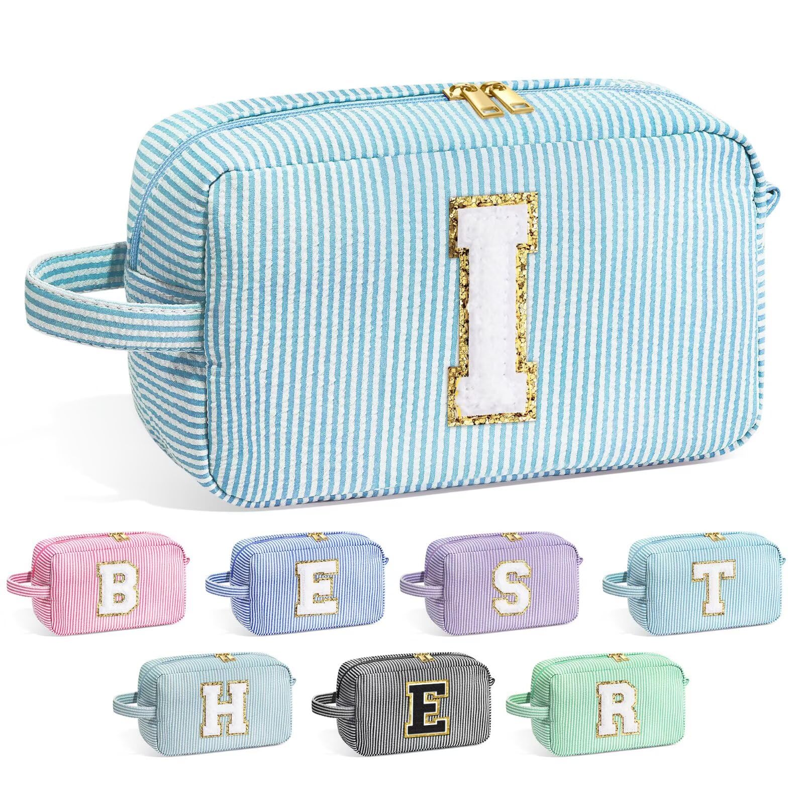 YOOLIFE Initial Cosmetic Bag for Women - Monogram Cute Makeup Bag Cosmetic Case Toiletry Pouch for Women Her Best Friend Sister Teacher, Personalized Birthday Gifts for Women, Light Blue I