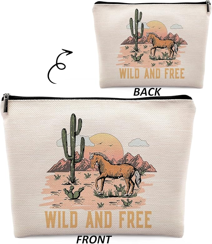 Dwept Wild and Free Cowgirl Cosmetic Bag, Wild West Retro Western Horse Cactus Desert Makeup Bag Zipper Cosmetic Pouch Bag Travel Linen Makeup Organizer, Cowgirl Gifts for Women Girls Teen Girls Her