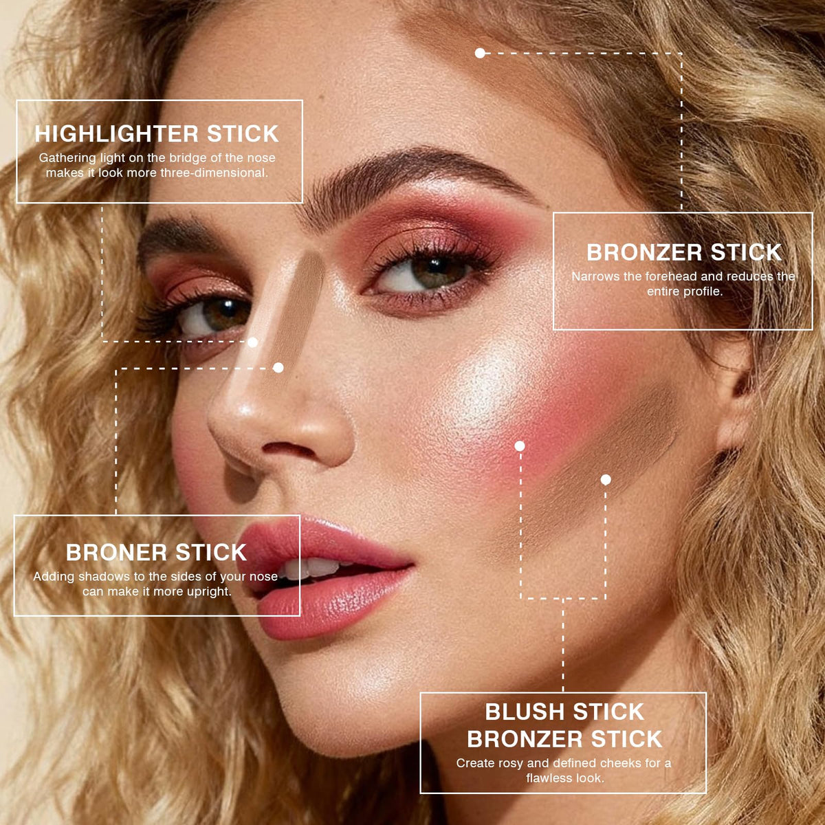 3Pcs Cream Contour Sticks, Shades with Highlighter & Blush & Bronzer Stick, Makeup Contour Stick Set for Sculpt the Cheeks Long Lasting Dewy & Matte Finish Lightweight LIGHT MEDIUM (SET-C)