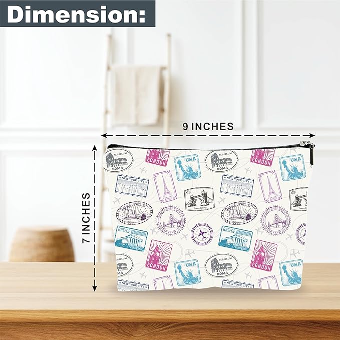 YKYENR Full Print Makeup Bag - Travel Stamps Theme - Waterproof Cosmetic Bag, Toiletry Bag, Gift For Girls, Besties, Personal Care & Accessories - A22
