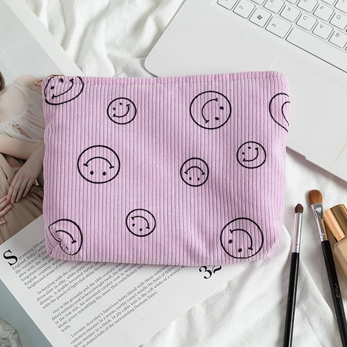 Gardsell Cosmetic Bags for Women - Corduroy Cosmetic Bag Aesthetic Women Handbags Purses Smile Dots Makeup Organizer Storage Makeup Bag Girls Case Bags (Double Purple Green)
