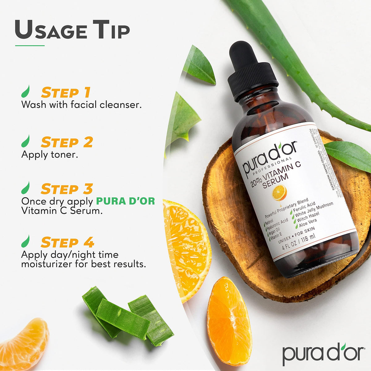 PURA D'OR 20% Vitamin C Anti-Aging Facial Serum, 4 fl oz